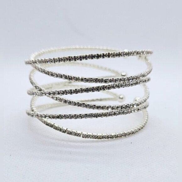 Stretch Rhinestone Cuff Silver Tone Bracelet - Picture 1 of 5